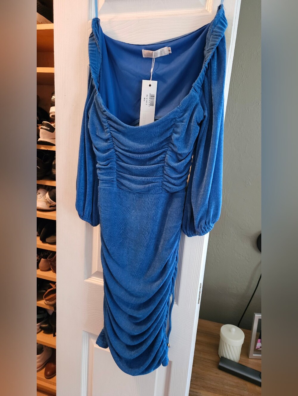 Lily Whyt Blue Ruched Off-Shoulder Dress, Open Back